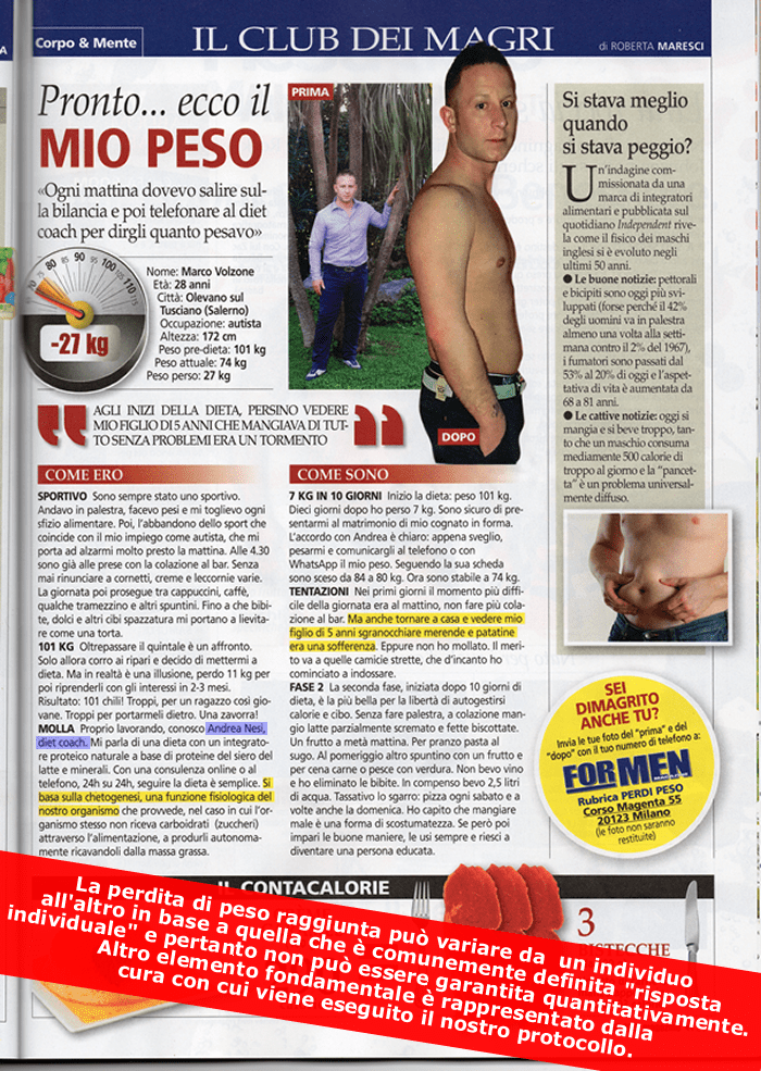 La rivista For Men racconta la storia di Marco: – 27 kg con volontà, KBioN e Diet Coaching